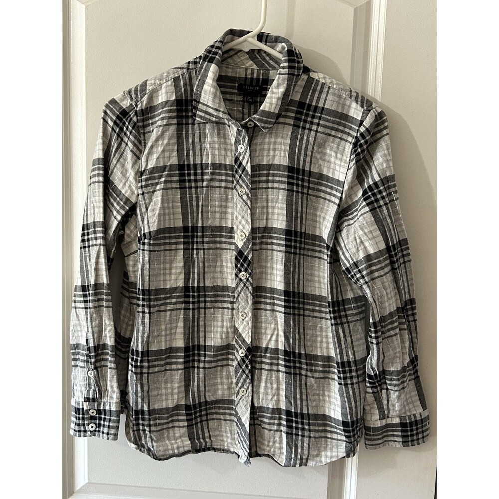 Talbots Petite MP Black Gray Metallic Plaid Long Sleeve Button Front Shirt